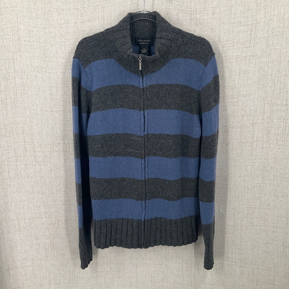 Banana Republic Cardigan Sweater Mens M Gray Blue Striped Full Zip Mock Neck